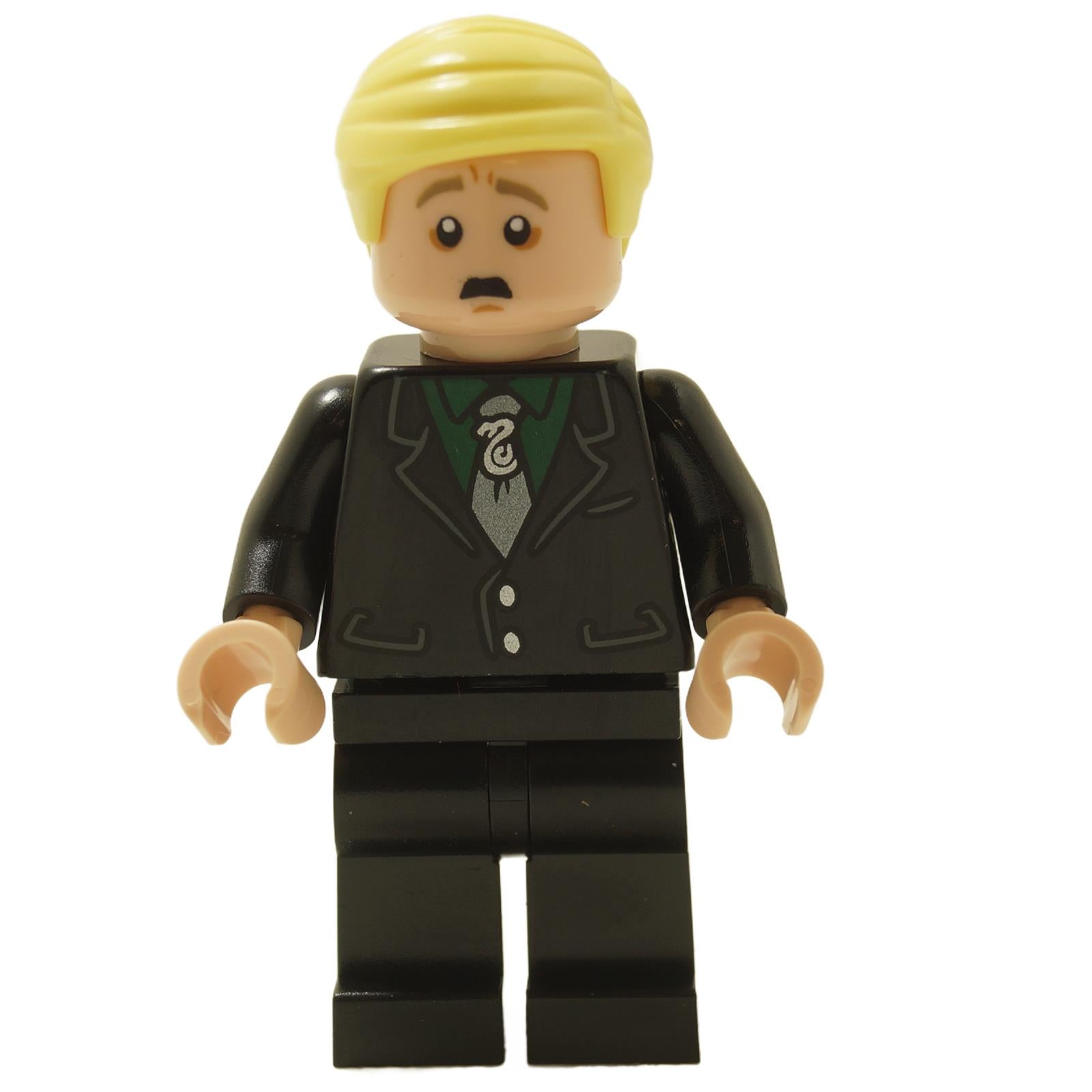 LEGO® Harry Potter Draco Malfoy minifigure hp412 wearing a black suit with Slytherin tie and worried facial expression
