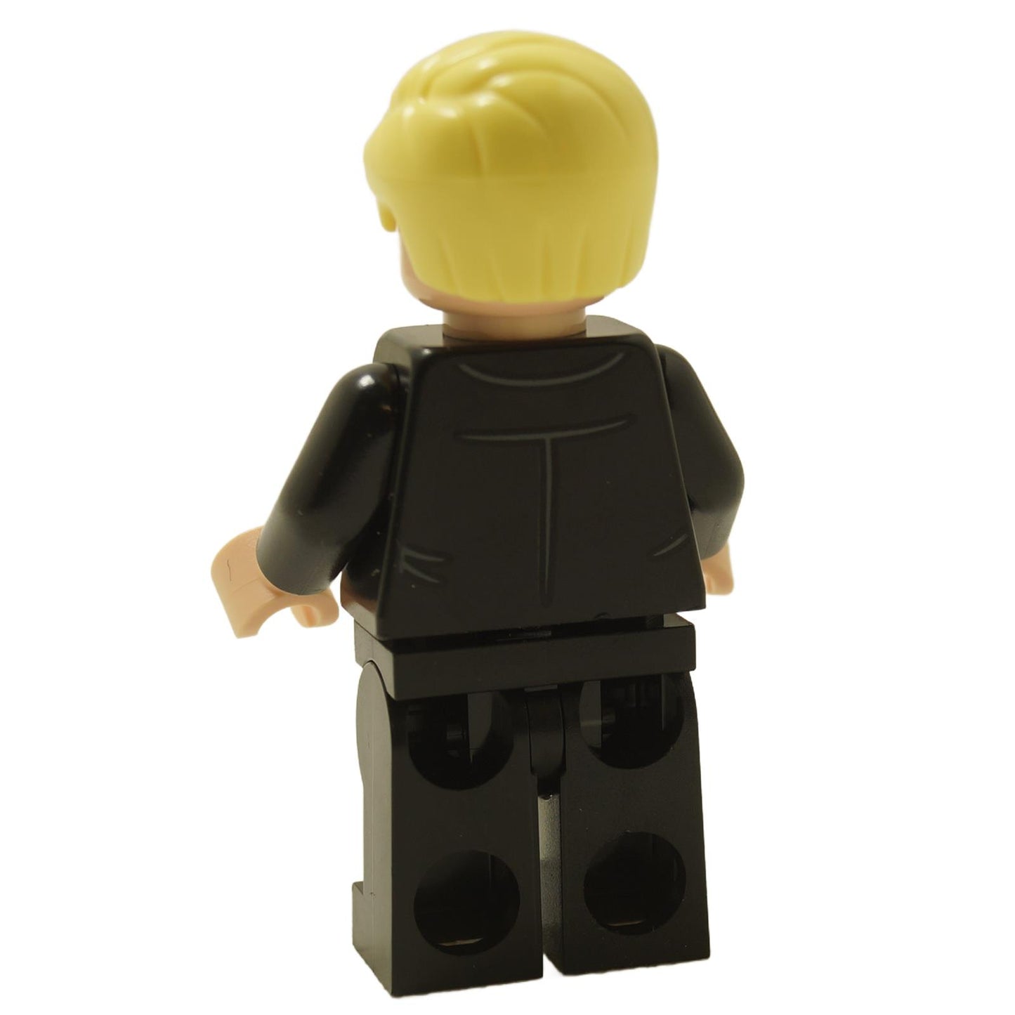 Back view of LEGO® Harry Potter Draco Malfoy minifigure hp412 wearing a black suit with Slytherin tie
