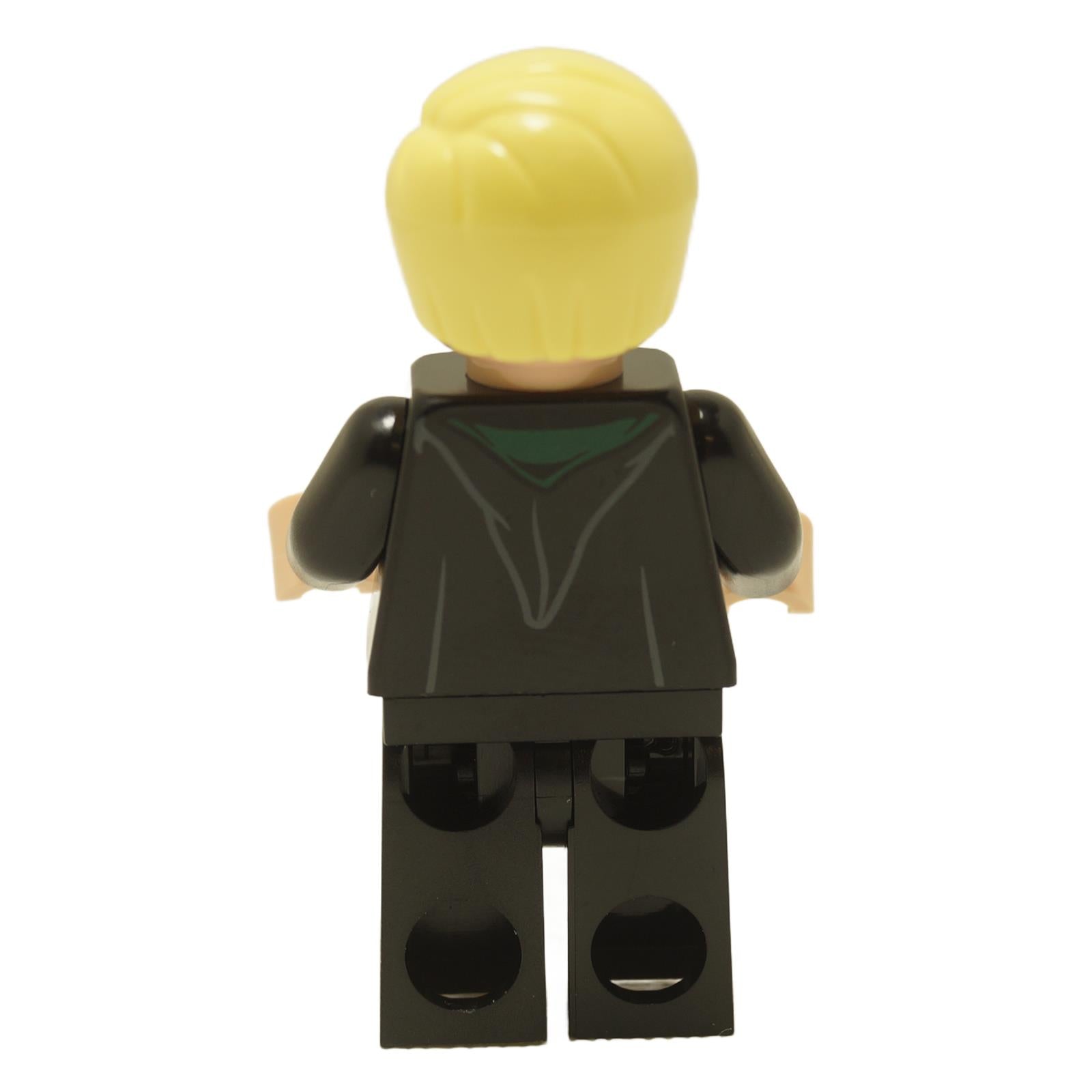 Back view of LEGO Draco Malfoy minifigure wearing black Slytherin robe with blonde hair