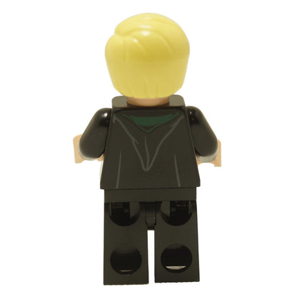 Back view of LEGO Draco Malfoy minifigure wearing black Slytherin robe with blonde hair