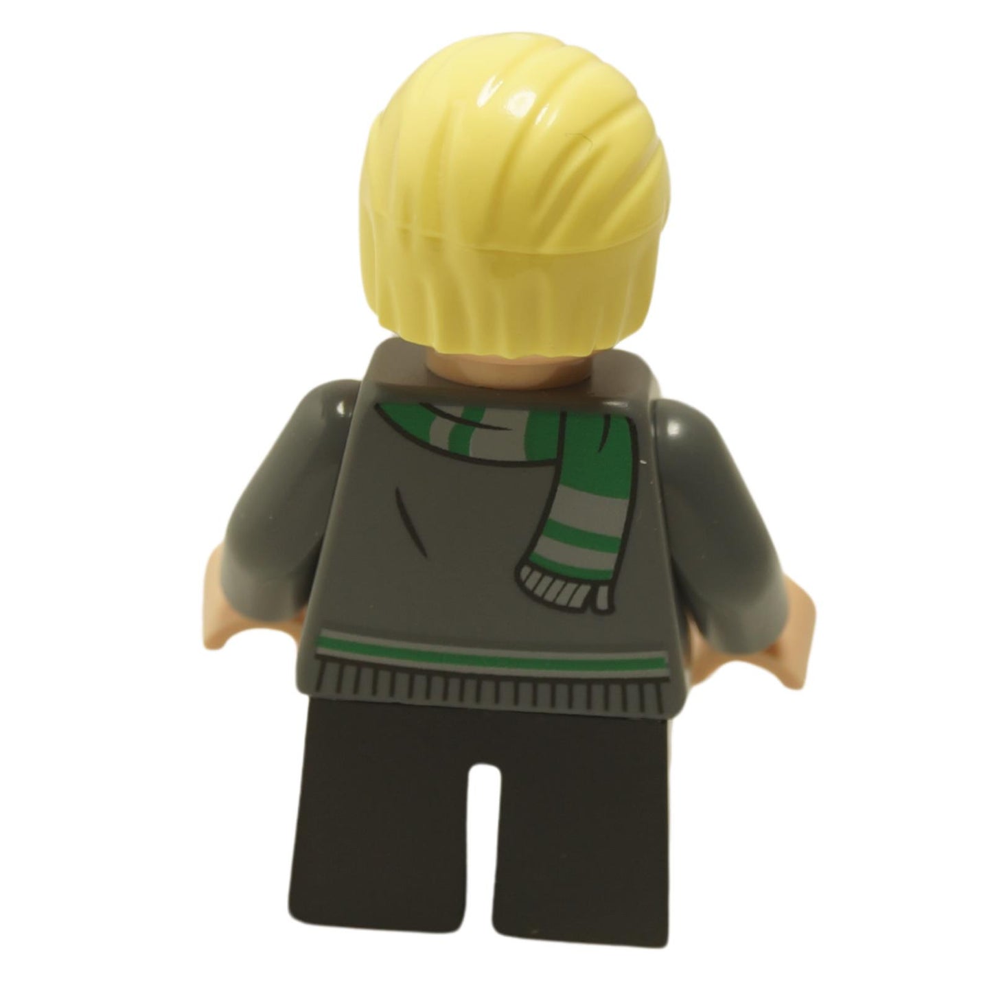 Back view of Draco Malfoy minifigure wearing Slytherin sweater and scarf with black short legs
