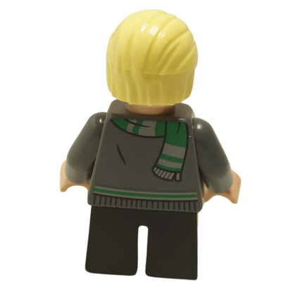 Back view of Draco Malfoy minifigure wearing Slytherin sweater and scarf with black short legs