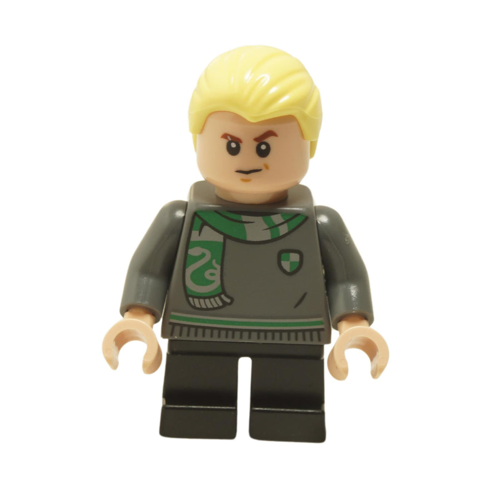 LEGO minifigure of Draco Malfoy from the Harry Potter series, wearing a Slytherin sweater and scarf, with blonde hair and short black legs.