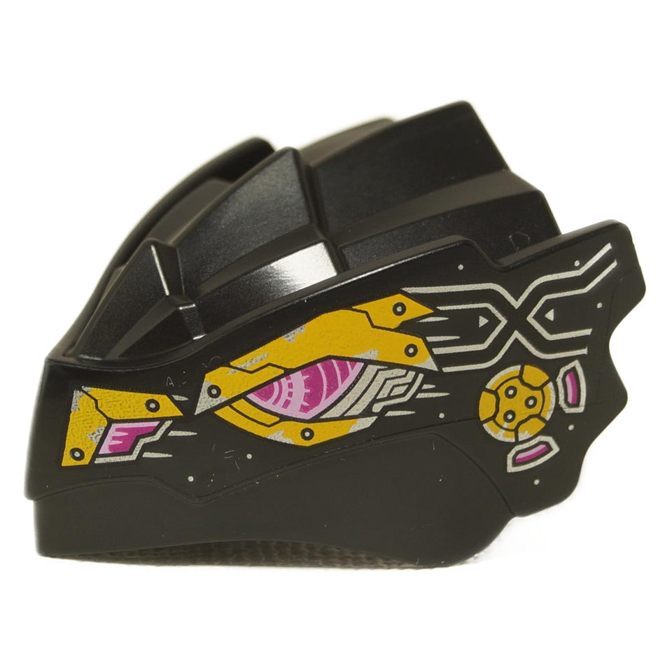 LEGO® black dragon head with mech-style eyes and armor pattern, printed dragon head piece part 4921pb04