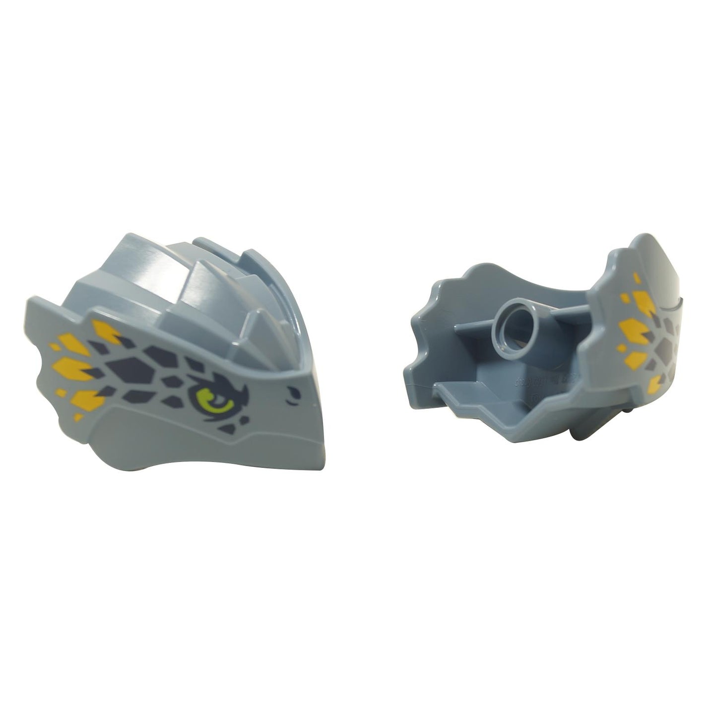 A LEGO sand blue dragon head with yellow eyes and a pattern of bright light orange scales, featuring a stepped top and pin hole on the back.