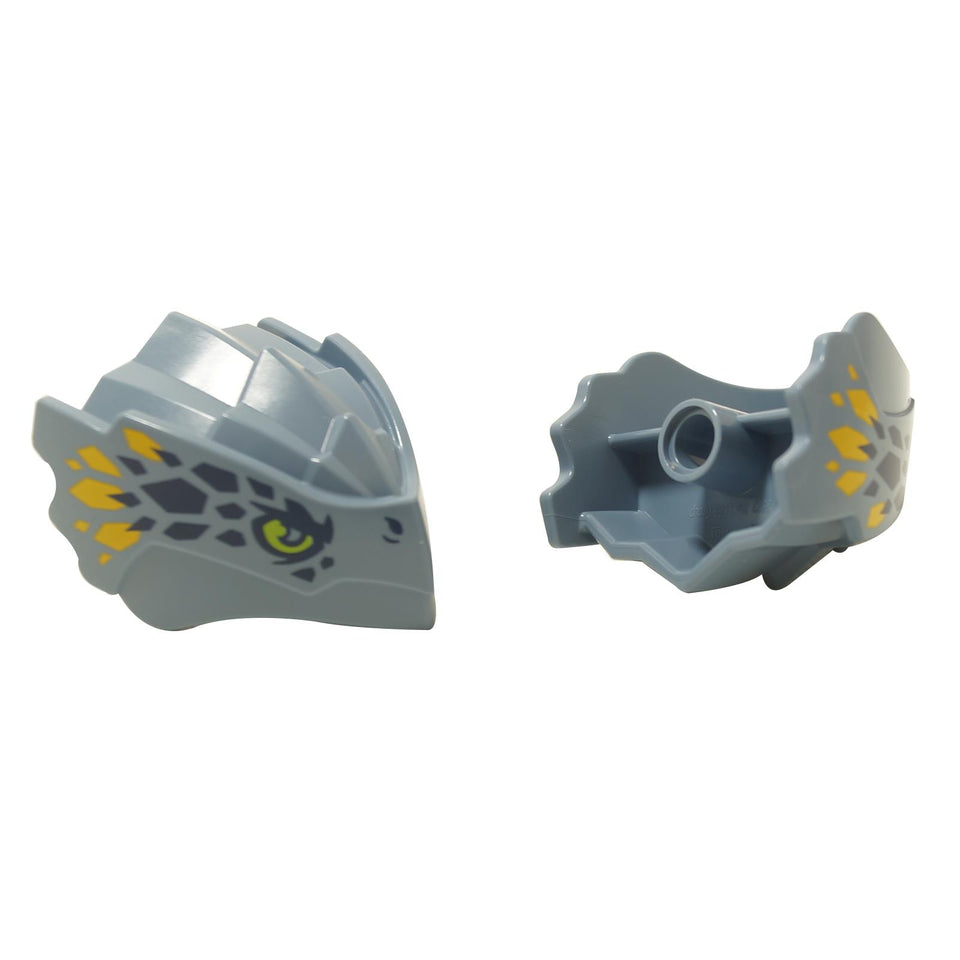 A LEGO sand blue dragon head with yellow eyes and a pattern of bright light orange scales, featuring a stepped top and pin hole on the back.