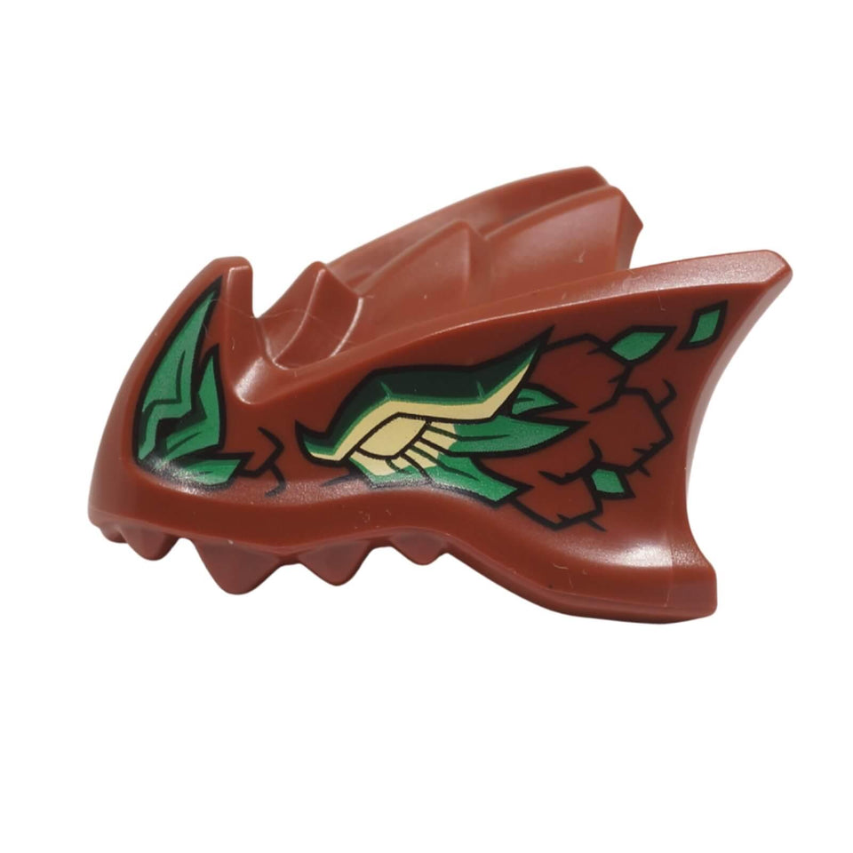 Dragon head Ninjago piece brown with green scales and yellow eyes front view 7243pb04
