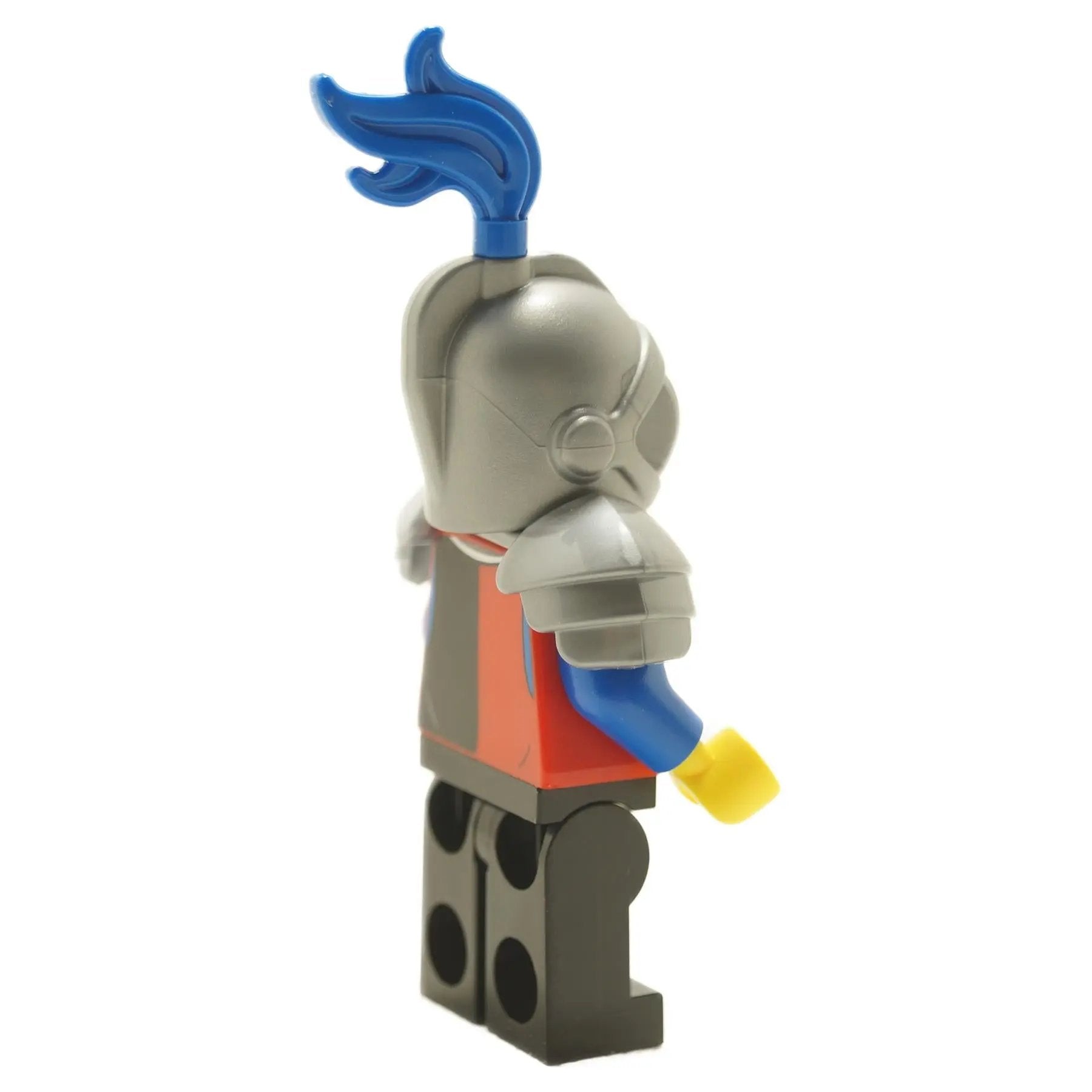 Side view of female Dragon Knight minifigure cas581 with flat silver helmet, silver armor, and black legs