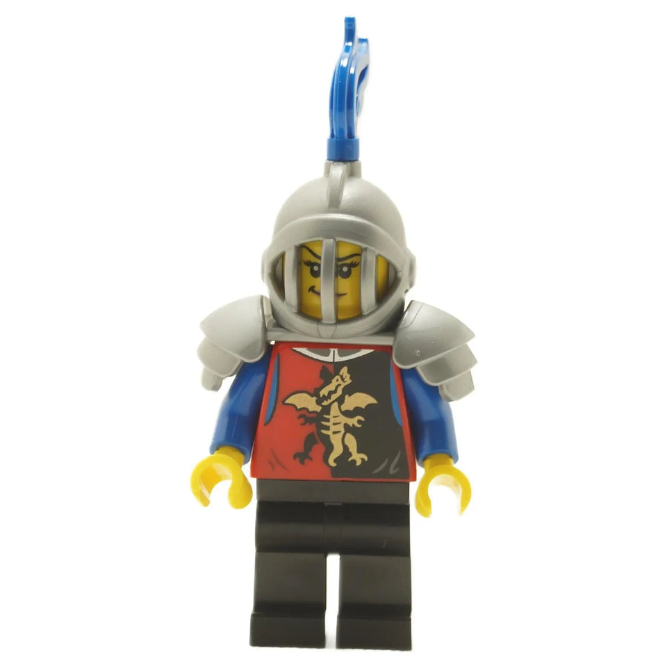 LEGO minifigure of a knight with a helmet, armor, and a red chest piece with a dragon emblem on a white background.