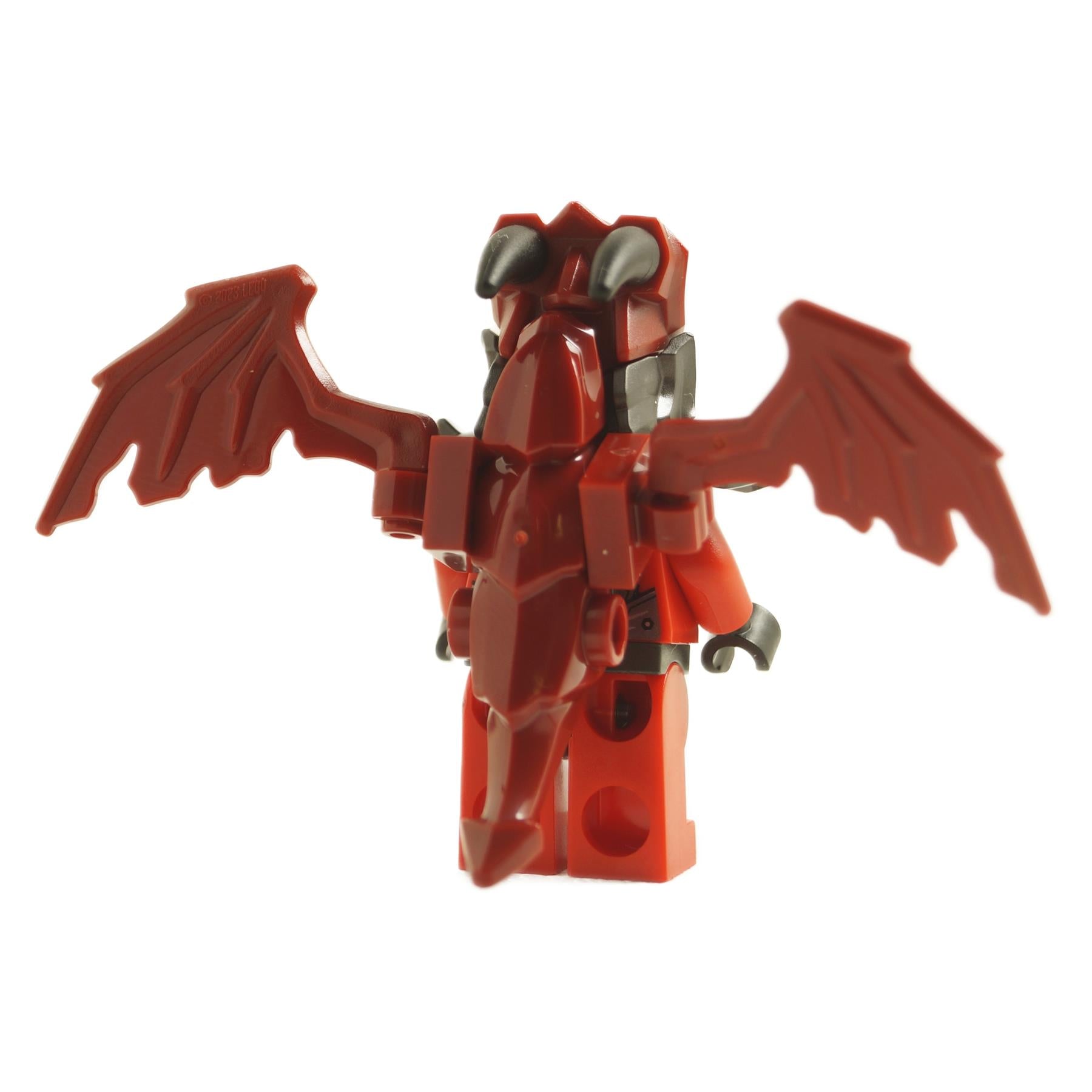 Back view of LEGO® Dragonian Warrior minifigure njo0931 showing red winged dragon backpack and dragon helmet from NINJAGO Dragons Rising
