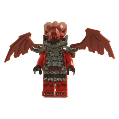 LEGO Minifigure njo931 - Dragonian Warrior, featuring dark metallic armor, a dragon helmet with horn detailing, and large bat-like wings.