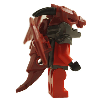 Side view of LEGO® Dragonian Warrior minifigure njo0931 showing red dragon helmet, armored torso, and winged dragon backpack
