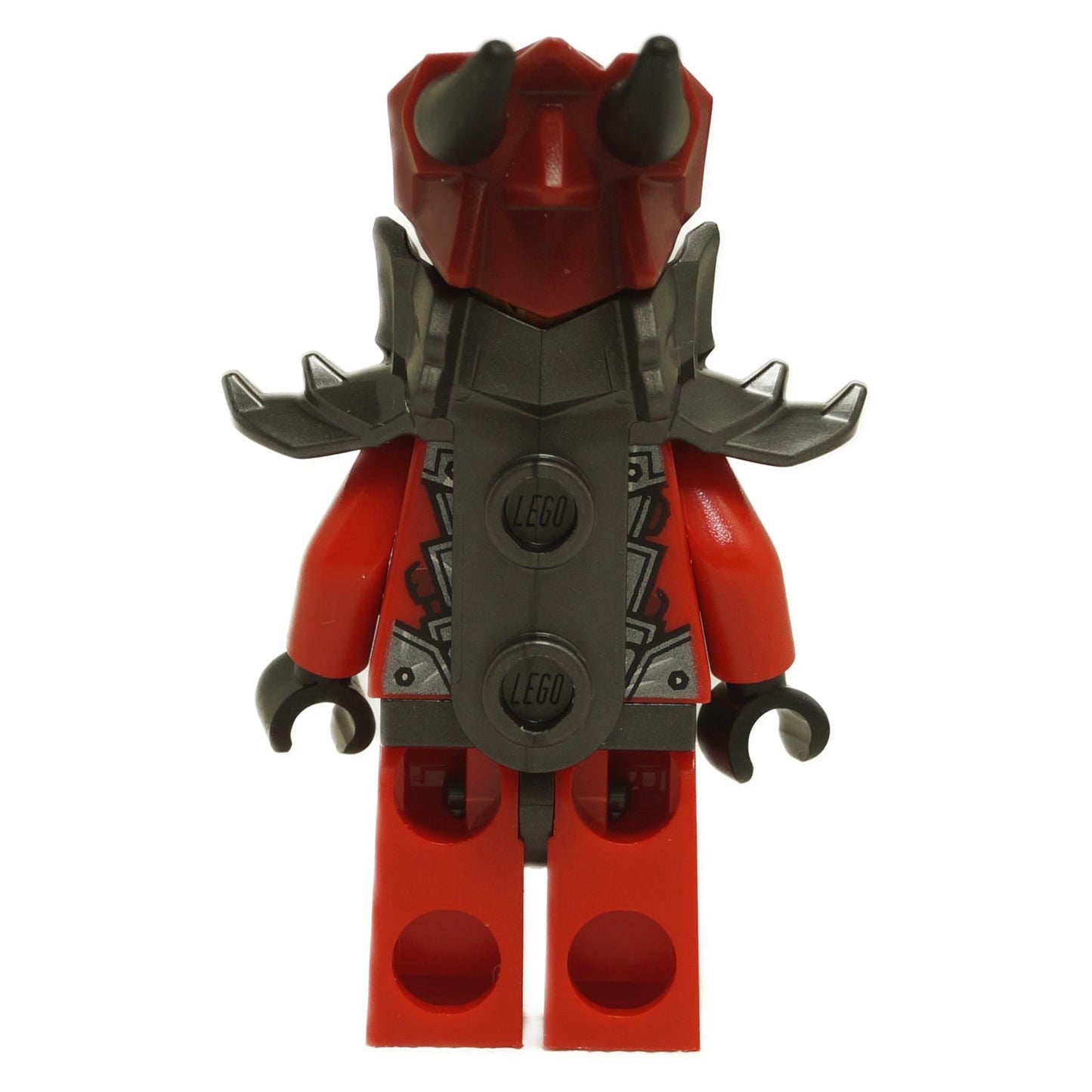 Rear view of Dragonian Warrior minifigure njo0920 with red dragon helmet and dark gray shoulder armor attachment