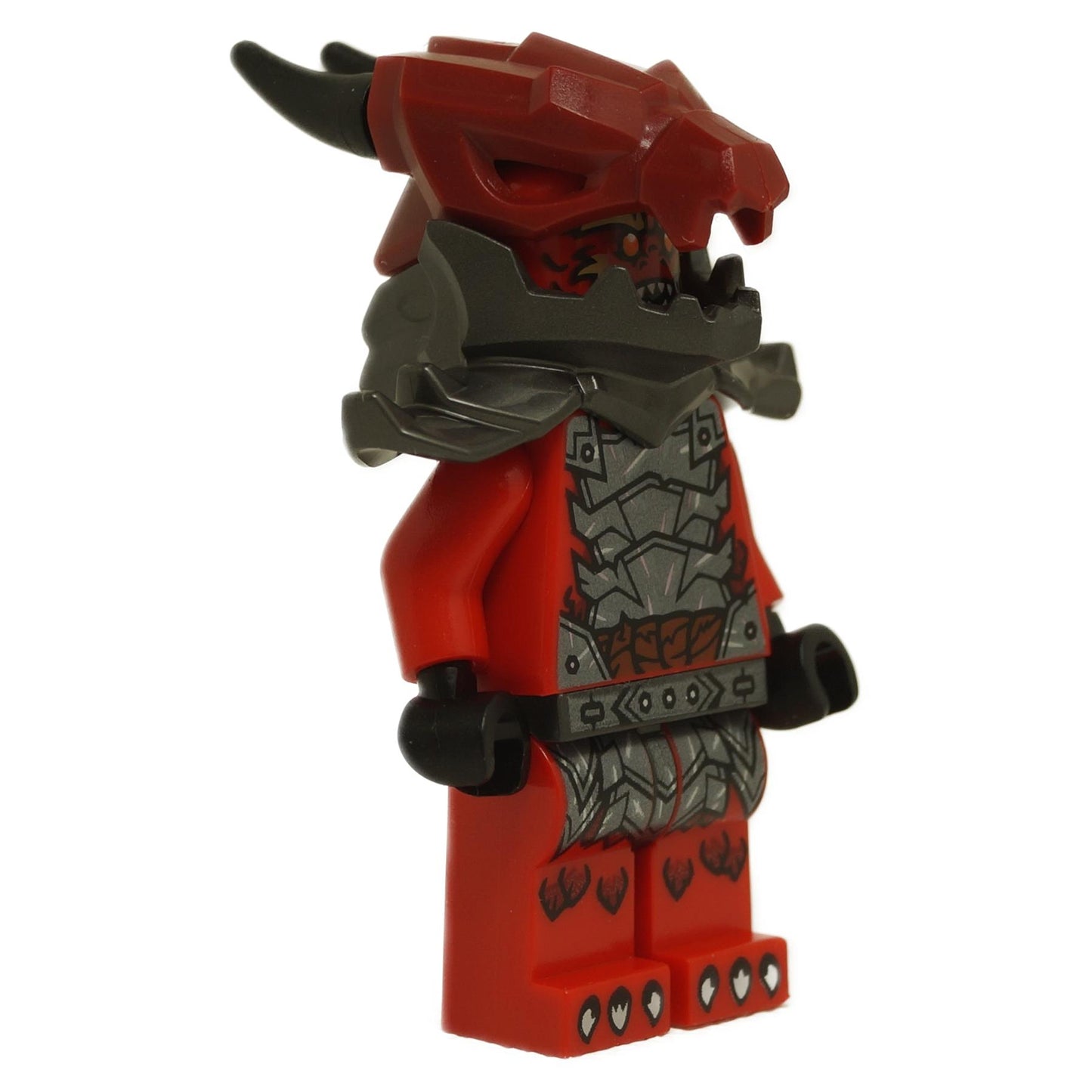 Side angled view of Dragonian Warrior minifigure njo0920 with red dragon helmet, dark shoulder armor and printed red armor torso