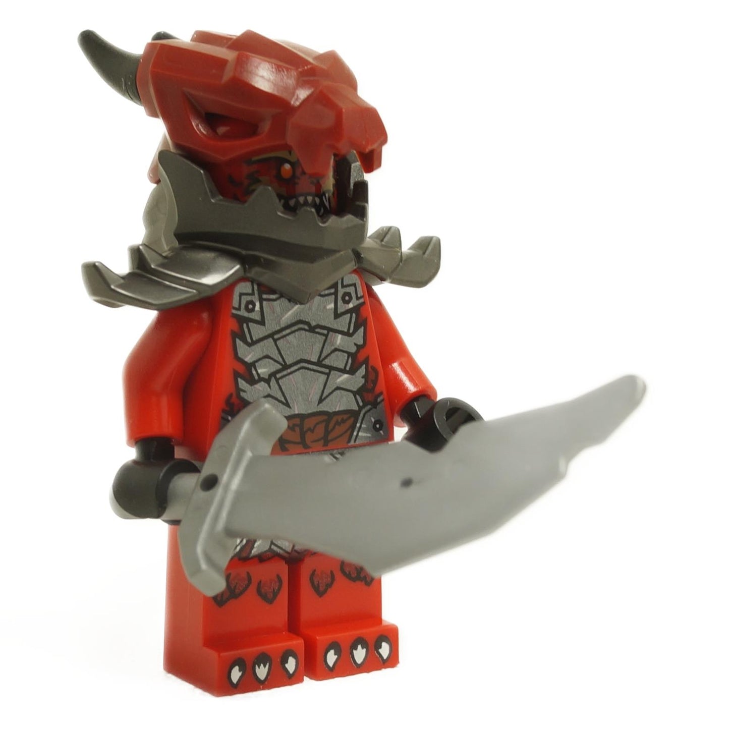 LEGO NINJAGO Dragonian Warrior minifigure njo920 with dragon skull helmet, black horns, and serrated sword from set 71836 Arc Dragon of Focus.
