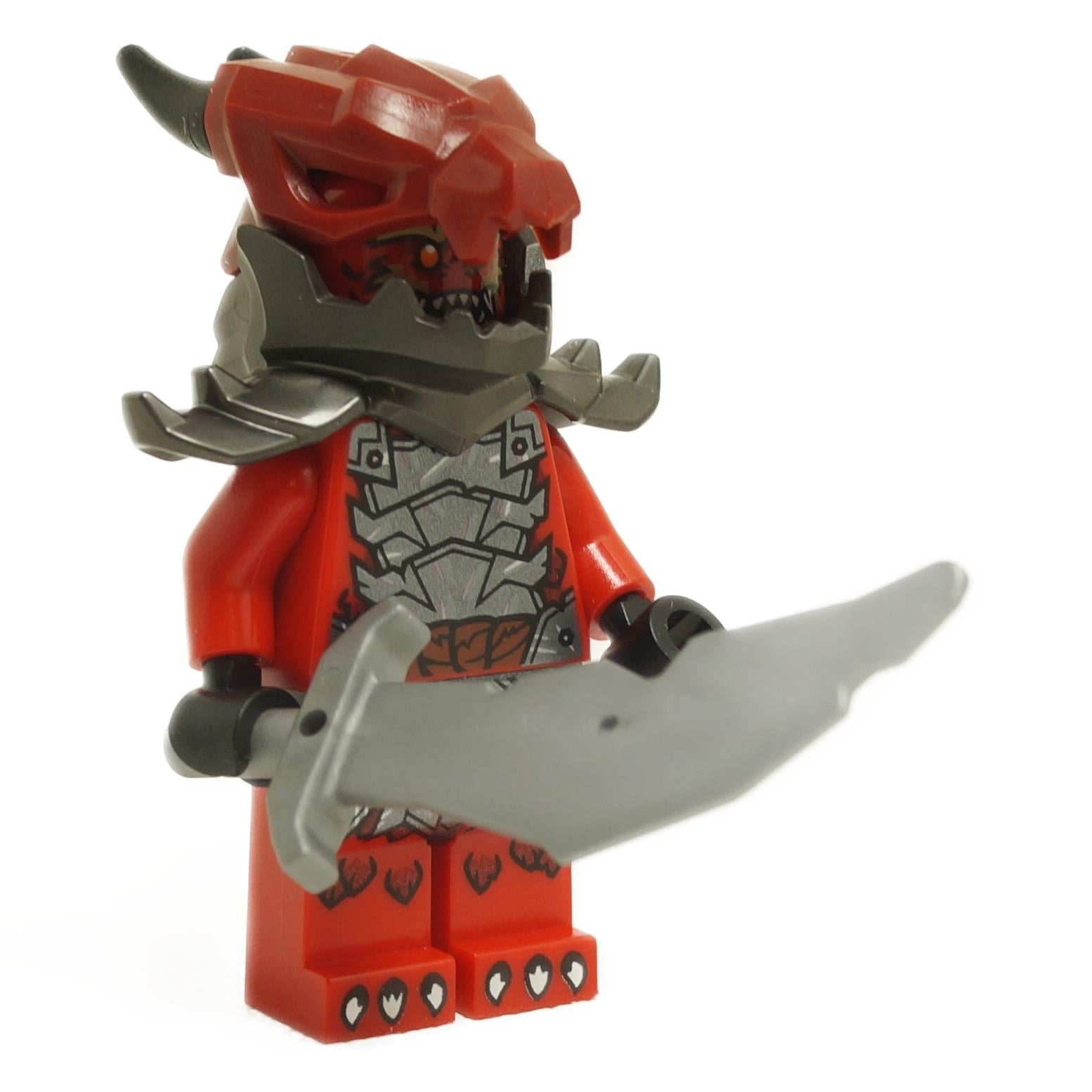 LEGO NINJAGO Dragonian Warrior minifigure njo920 with dragon skull helmet, black horns, and serrated sword from set 71836 Arc Dragon of Focus.