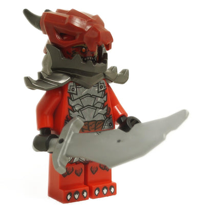 LEGO NINJAGO Dragonian Warrior minifigure njo920 with dragon skull helmet, black horns, and serrated sword from set 71836 Arc Dragon of Focus.