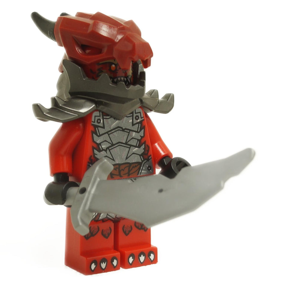 LEGO NINJAGO Dragonian Warrior minifigure njo920 with dragon skull helmet, black horns, and serrated sword from set 71836 Arc Dragon of Focus.