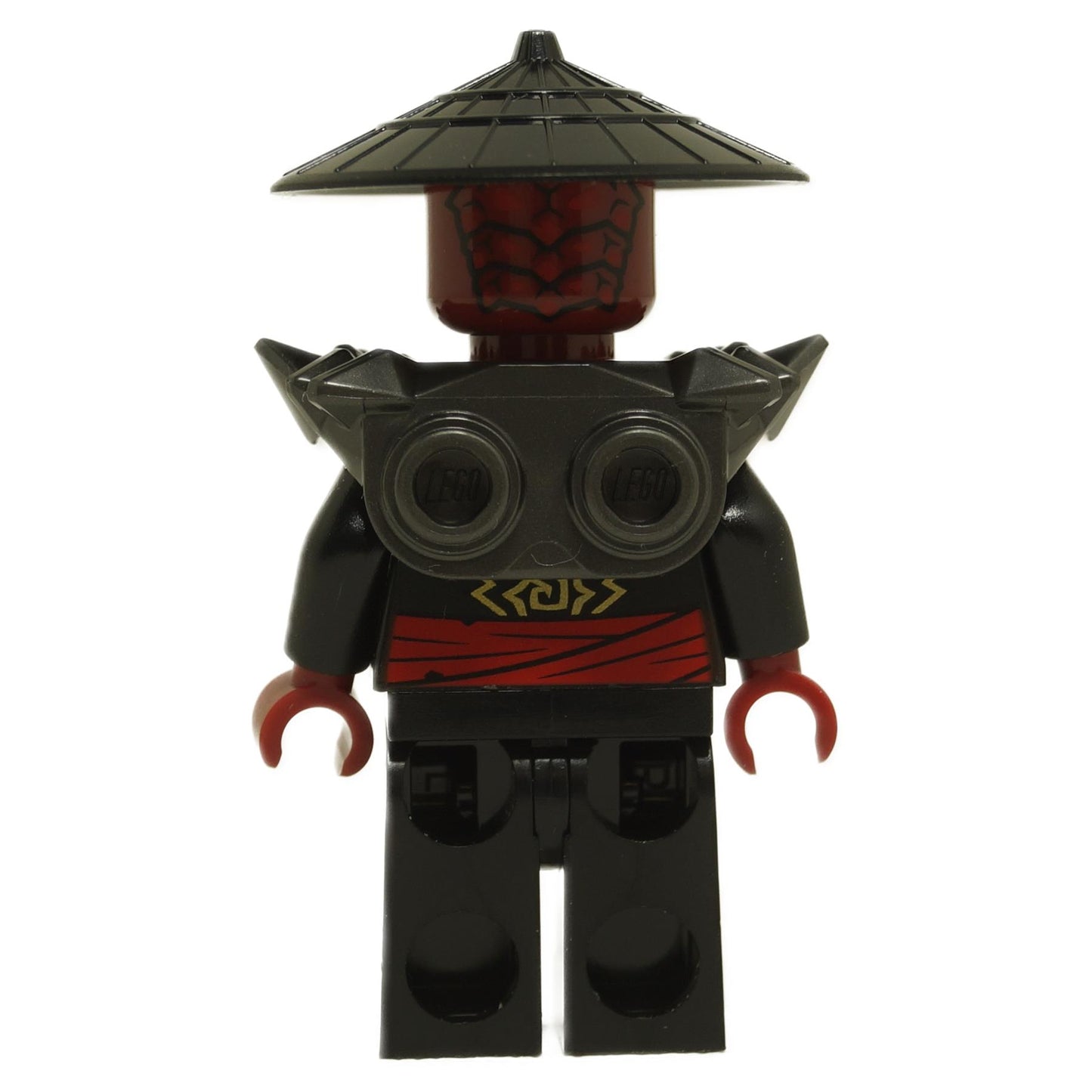 Rear view of Drix minifigure njo0964 with black armor shoulder piece, red sash print and conical hat