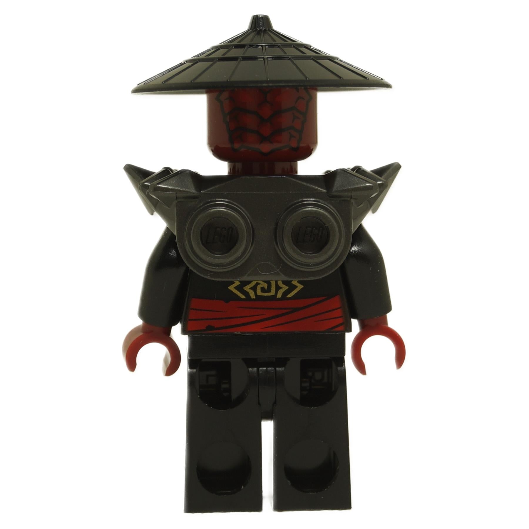 Rear view of Drix minifigure njo0964 with black armor shoulder piece, red sash print and conical hat