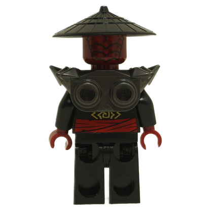 Rear view of Drix minifigure njo0964 with black armor shoulder piece, red sash print and conical hat