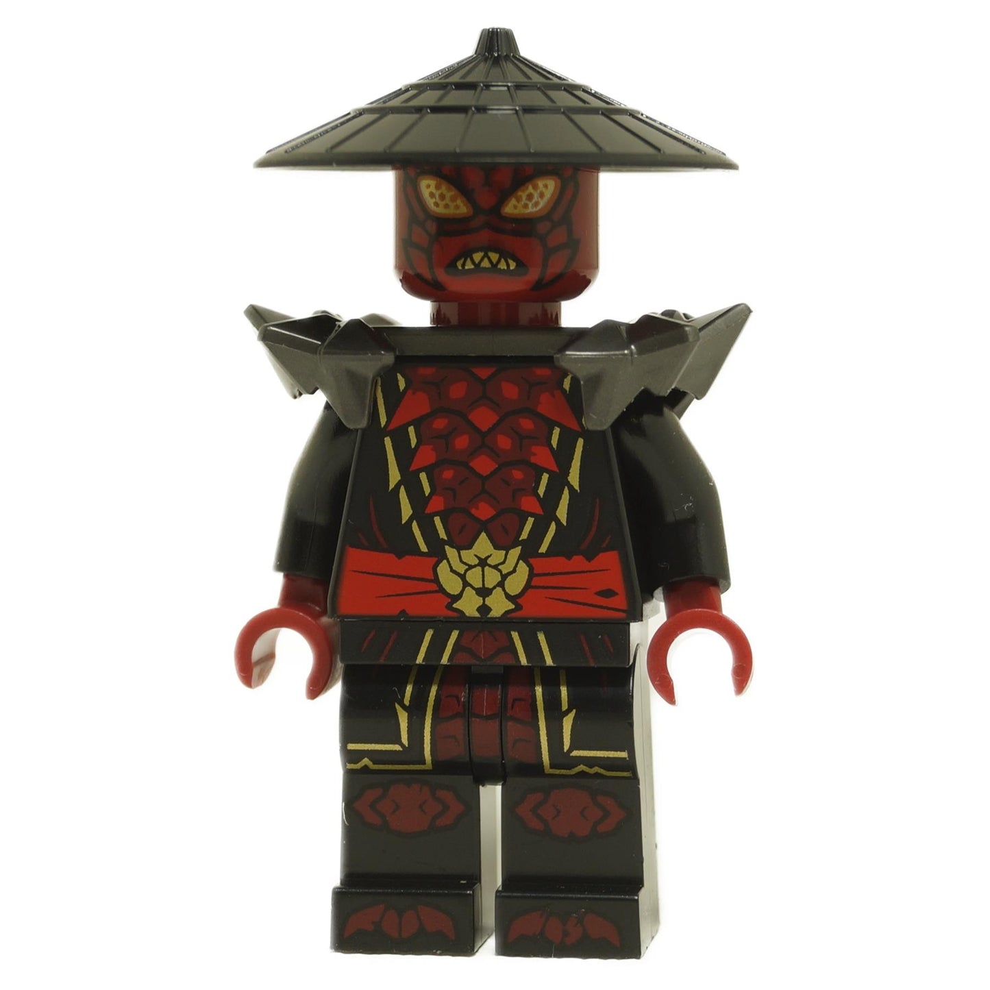 Front view of Drix minifigure njo0964 with red serpent face print, black armor shoulder pads and conical hat
