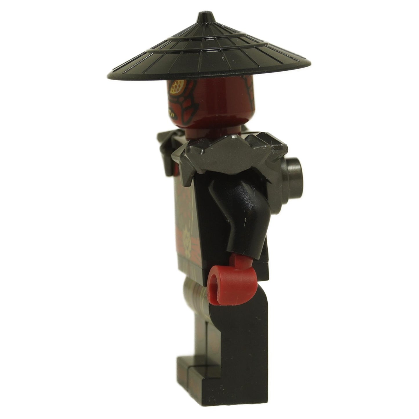 Opposite side view of Drix minifigure njo0964 with black armor shoulder piece, red hand and conical hat