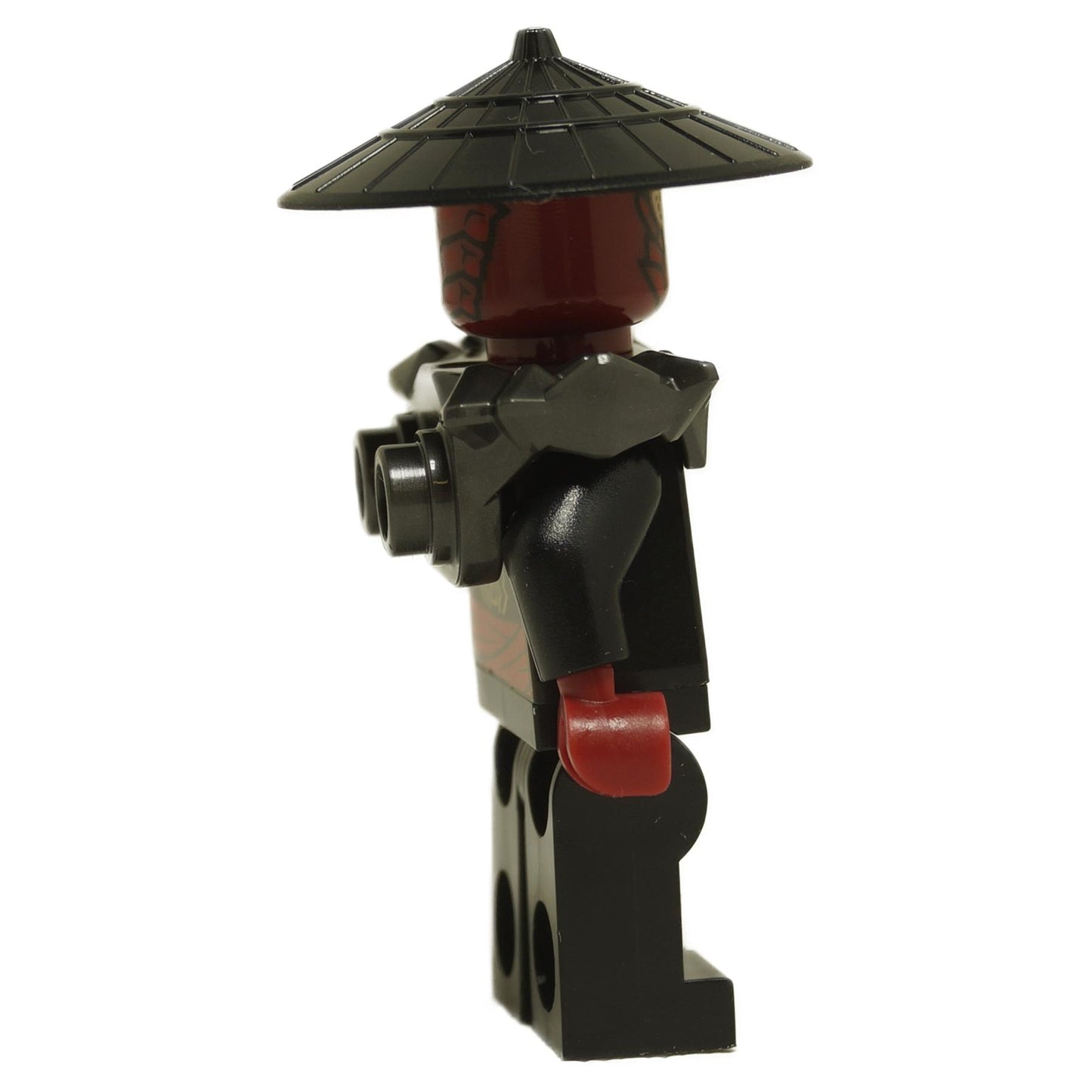 Side view of Drix minifigure njo0964 showing black armor shoulder piece, red hand and conical hat