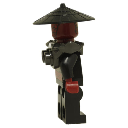 Side view of Drix minifigure njo0964 showing black armor shoulder piece, red hand and conical hat