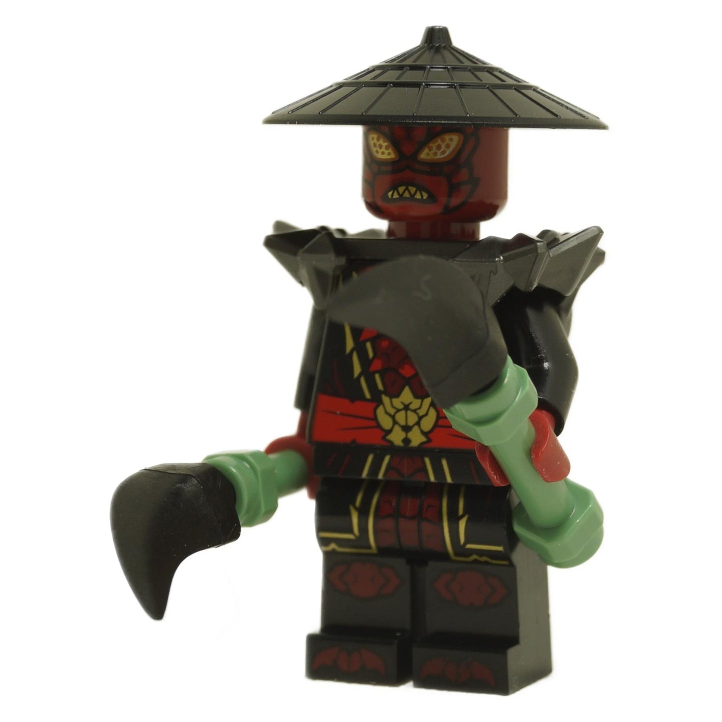 Drix minifigure njo0964 wearing conical hat and black armor, holding a curved green-handled weapon