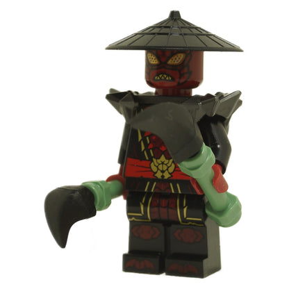 Drix minifigure njo0964 wearing conical hat and black armor, holding a curved green-handled weapon