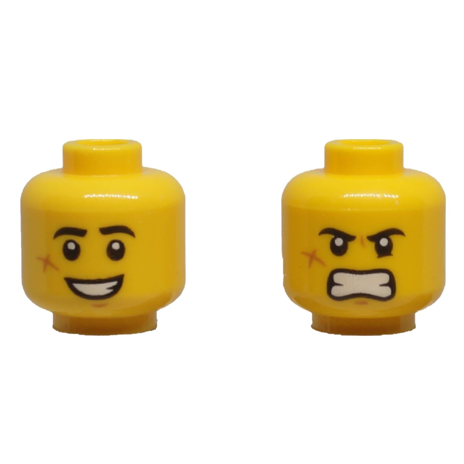 Front and back of LEGO® minifigure head 3626pb2574 with cheek scar, smiling and angry expressions