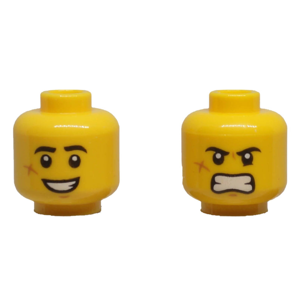 Front and back of LEGO® minifigure head 3626pb2574 with cheek scar, smiling and angry expressions