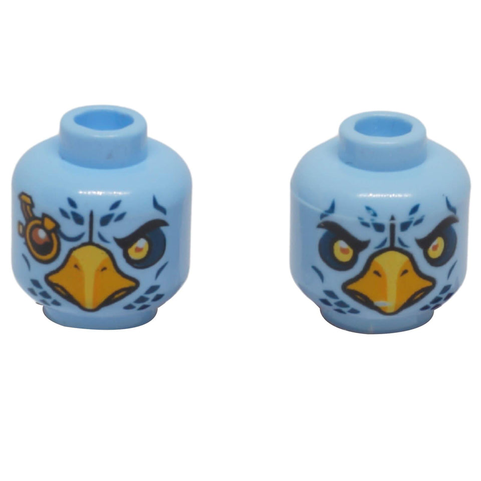 LEGO® dual-sided eagle minifigure head with yellow beak, yellow eyes, feather printing and mechanical eye detail.