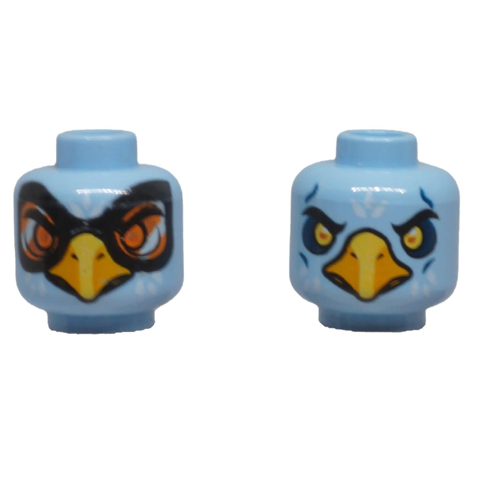 Light blue LEGO eagle minifigure head with dual-sided beak print, yellow eyes and orange goggles