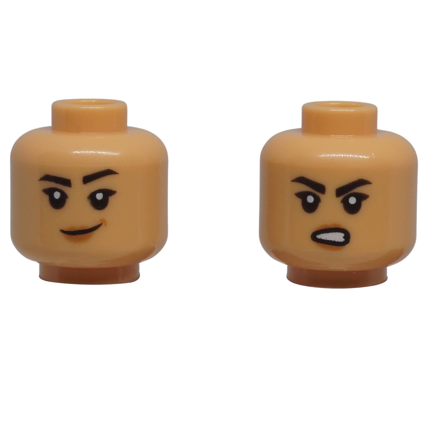 LEGO dual-sided female minifigure head 3626pb3478 with smiling and determined expressions