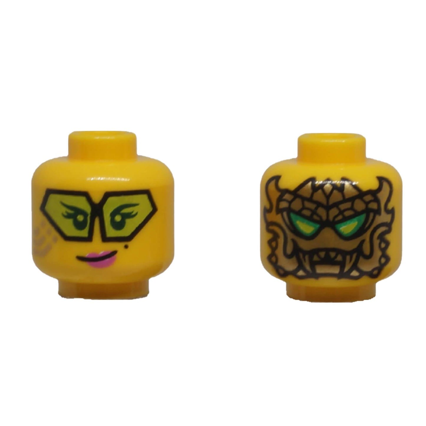 LEGO dual-sided female minifigure head with lime glasses and gold dragon mask part 3626pb4083