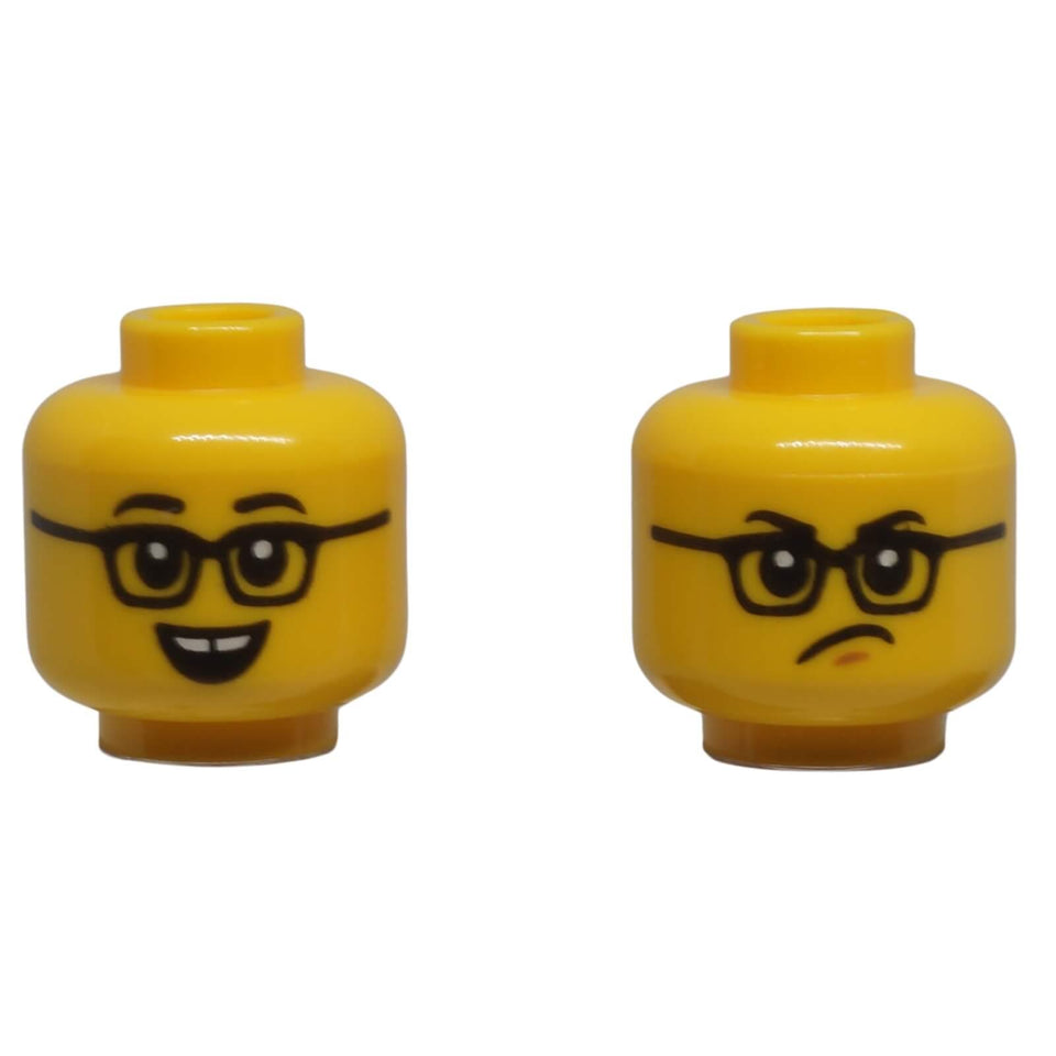 LEGO dual-sided minifigure head 3626pb3660 with glasses and contrasting expressions