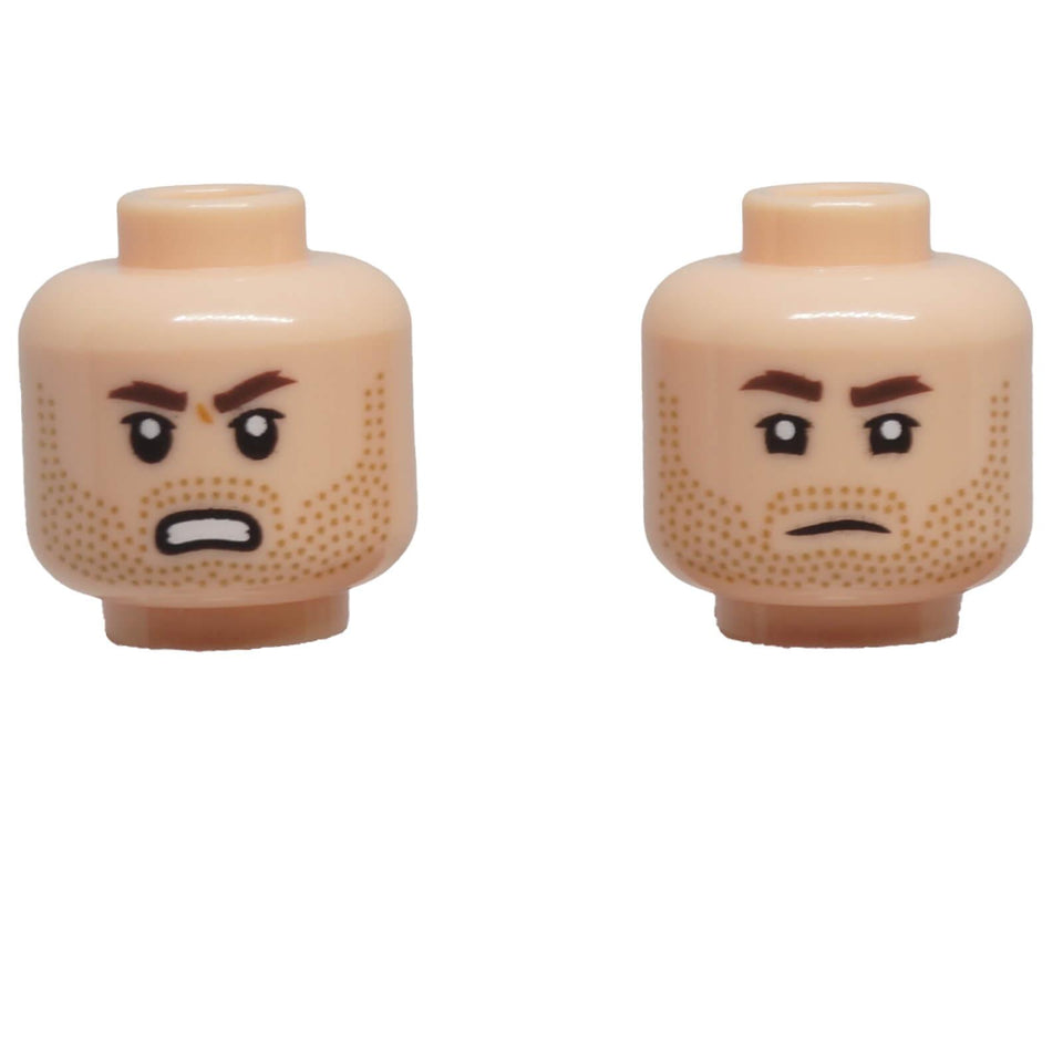 LEGO dual-sided minifigure head 3626pb3646 with beard stubble and angry expression