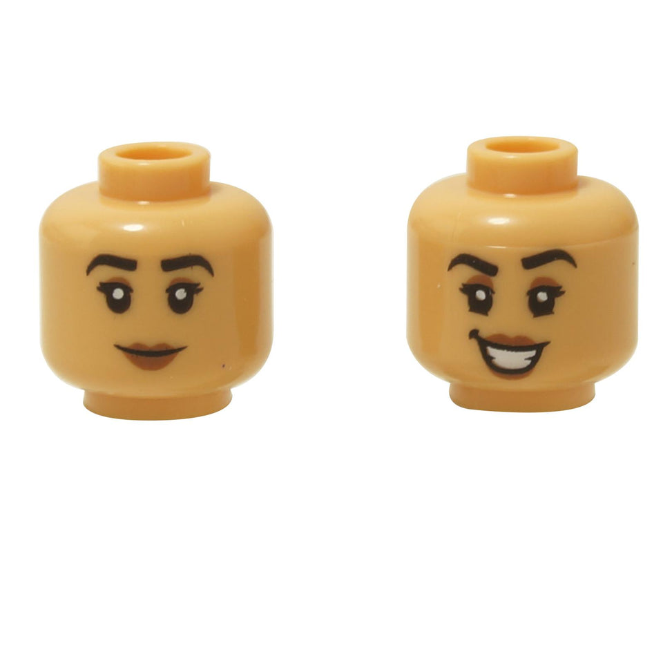 Widoki z przodu i z boku LEGO® dwustronna głowa kobiecej minifigurki (3626pb3758) w kolorze średniobrązowym, ze spokojną miną po jednej stronie i szerokim uśmiechem po drugiej.