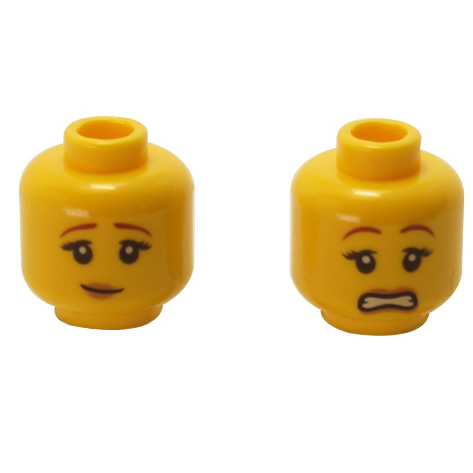 LEGO Testa Femminile Doppio Lato Spaventata 3626pb1571 faccia gialla con stampe di sorriso e paura vista frontale e posteriore