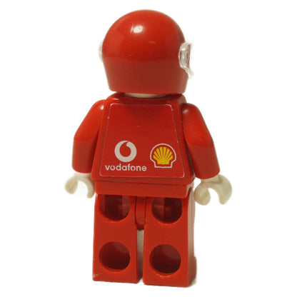 LEGO® Racers Ferrari F1 driver minifigure (rac024as) back view showing Vodafone and Shell sponsor prints on red torso.