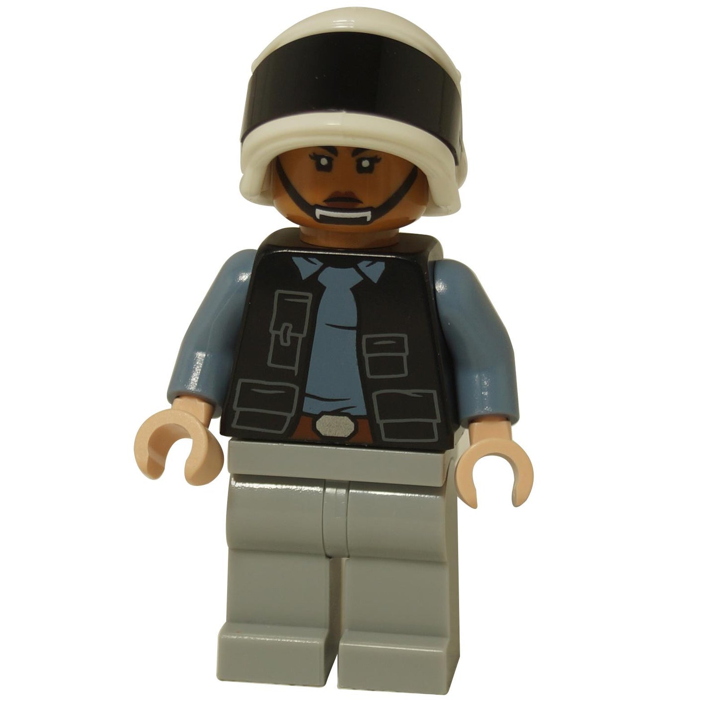 Front view of the LEGO® Rebel Fleet Trooper female minifigure (sw1392) with confident face print and black tactical vest over blue shirt.
