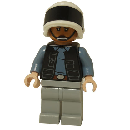Front view of the LEGO® Rebel Fleet Trooper female minifigure (sw1392) with confident face print and black tactical vest over blue shirt.