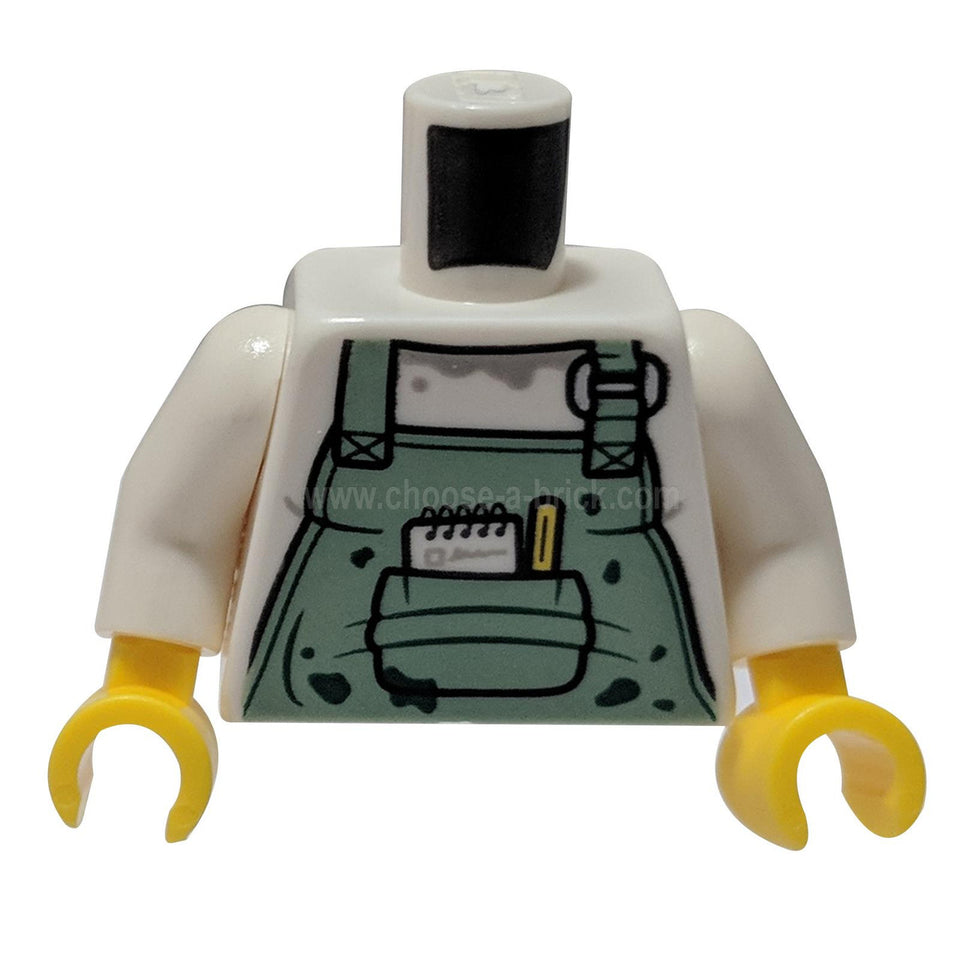Blanco Torso Verde Arena Delantal, Verde Oscuro Manchas, Patrón de Bolígrafo y Bloc en el Bolsillo - Blanco Brazos - Amarillo Manos