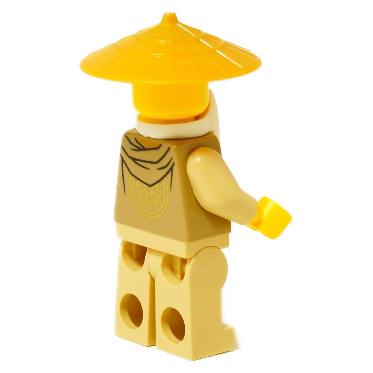 LEGO® Minifigura de Wu de NINJAGO de Dragons Rising, vistiendo túnicas doradas y un sombrero cónico de paja, vista del perfil trasero