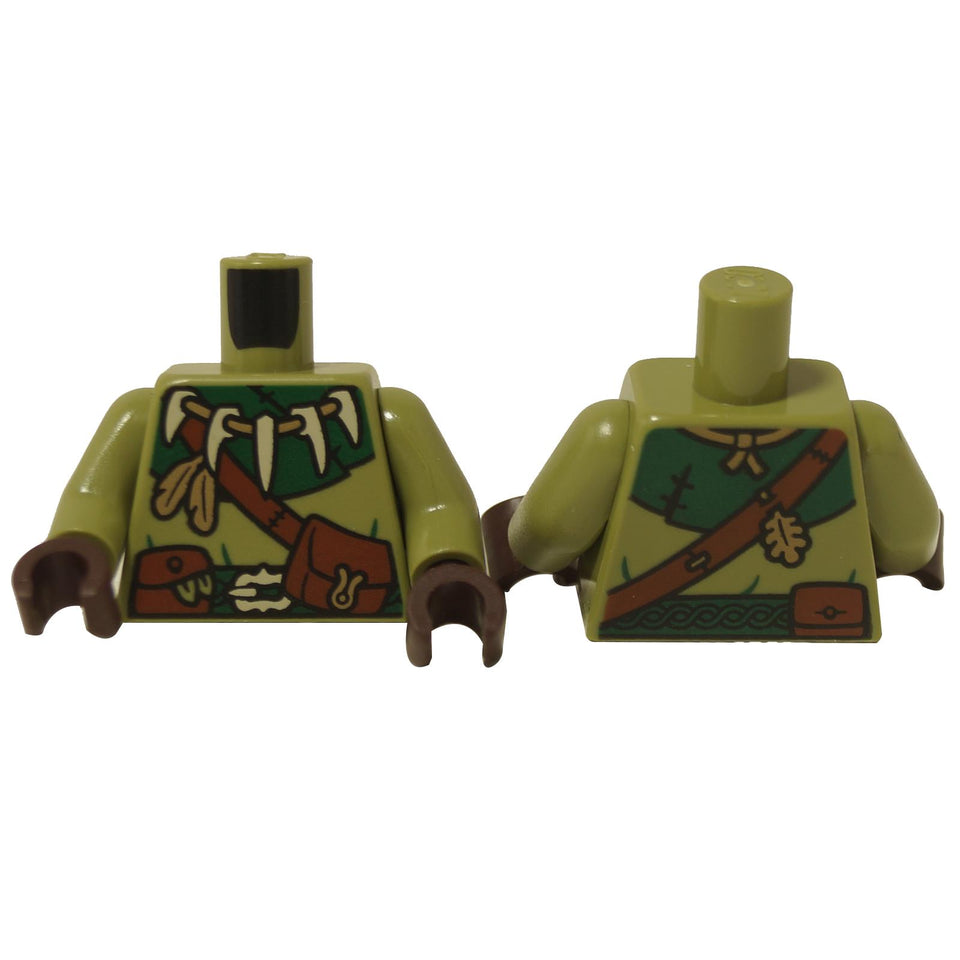 LEGO® olive green hunter torso with bone buckle, tooth necklace, and brown belt with pouch details.