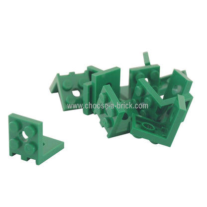 Green LEGO Bracket 2 x 2 - 2 x 2 with 2 holes, pile and single view.