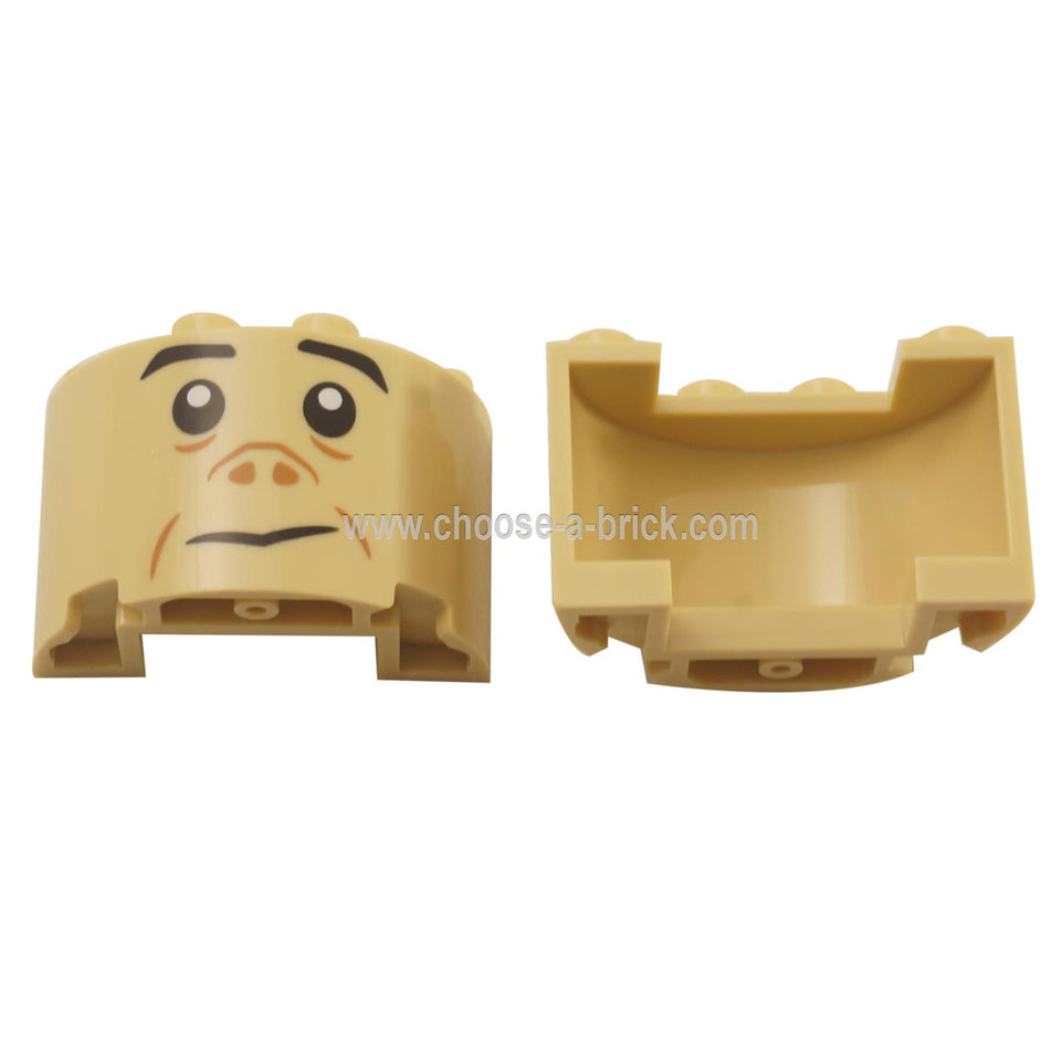 LEGO 零件 - 圓柱 半 2 x 4 x 2 帶 1 x 2 切口，配有 黑色 眉毛、眼睛和嘴巴，以及 深棕褐色 鼻子和臉頰線條圖案 Grawp 面孔