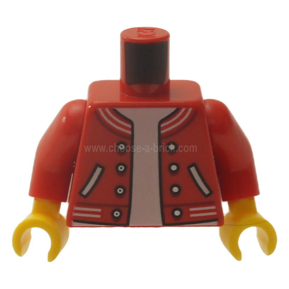 Rojo Torso Chaqueta con Ribete a Rayas, Botones Plateados, Bolsillos sobre Blanco Patrón de Camiseta - Rojo Brazos - Amarillo Manos